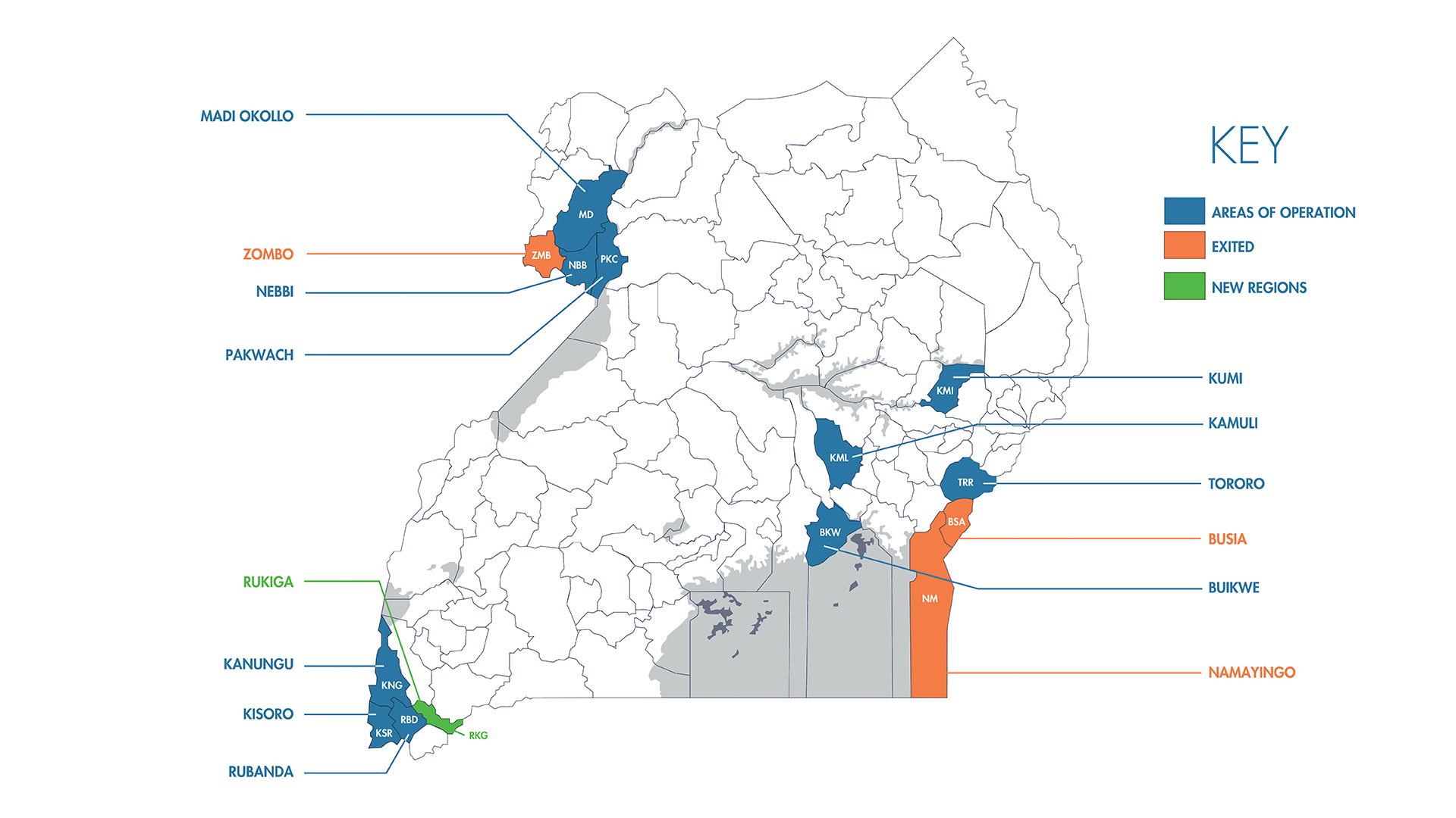 A map of Uganda showing the districts AWS operates in.